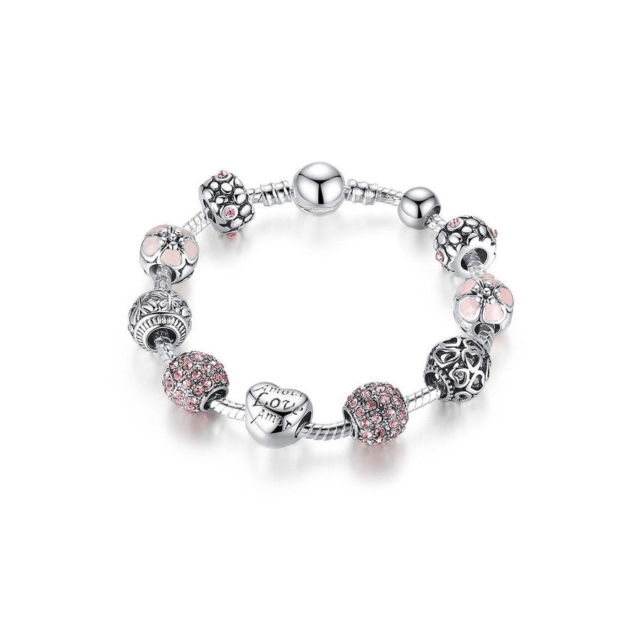 Pink Swarovski Crystal Love Heart Charm Bracelet 18K White Gold Plated Image 1