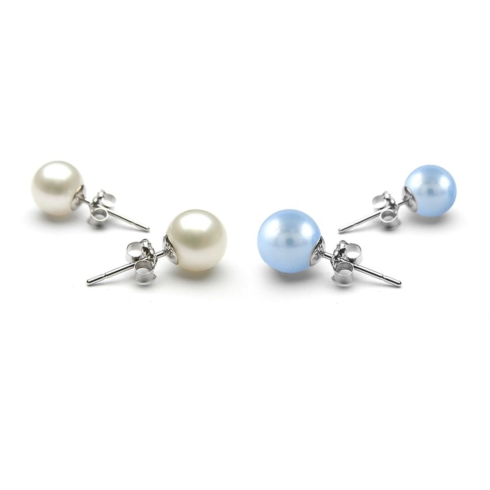 Set of 2 8MM White Gold Plated Brass Pearl Earrings Butterfly Post Earrings Image 1