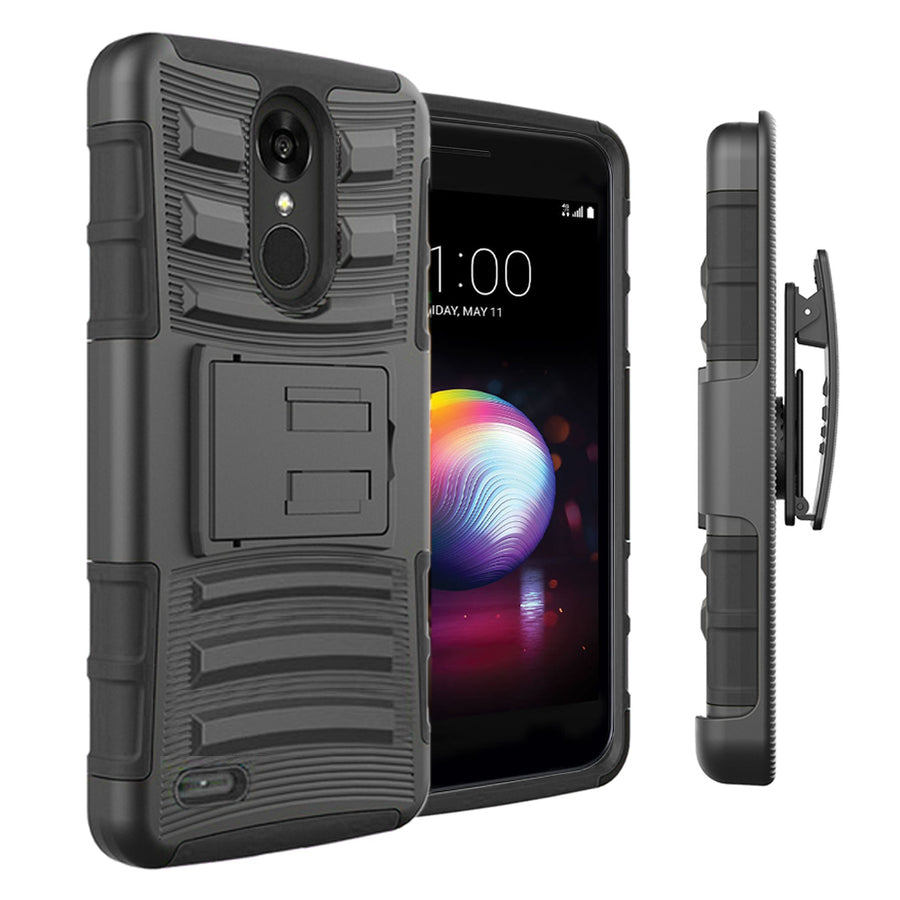 LG K30 K10 2018 Rugged Holster Black Dual Layer Kickstand Case Belt Clip Image 1