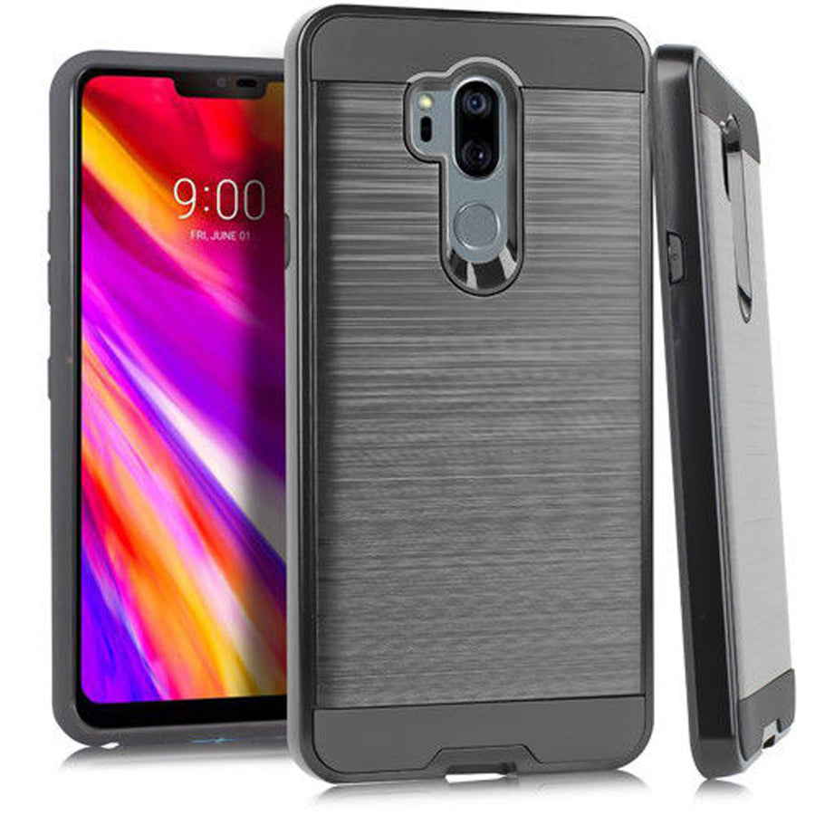 LG G7 ThinQ [Brushed Metal Texture] Slim Fit Hybrid Armor [Shockproof] Lightweight TPU 2-Piece Cover Black Image 1