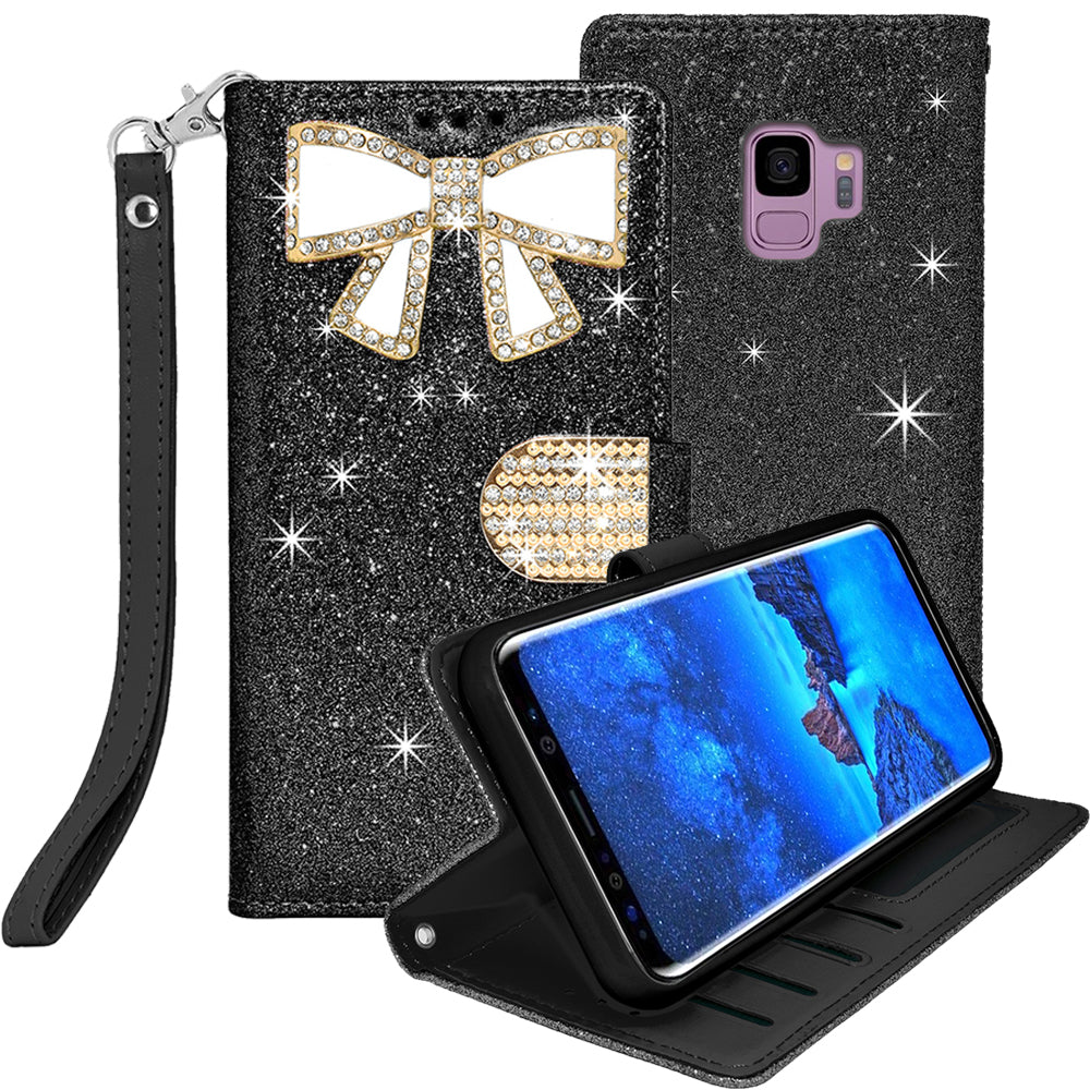 Samsung Galaxy S9 Diamond Bow Glitter Leather Wallet Case Cover Black Image 1