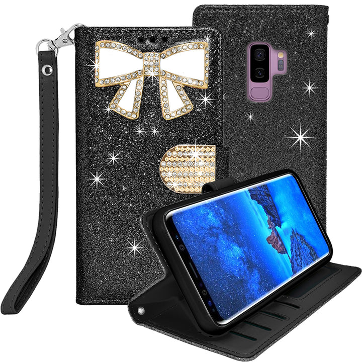 Samsung Galaxy S9 Plus Diamond Bow Glitter Leather Wallet Case Cover Black Image 1