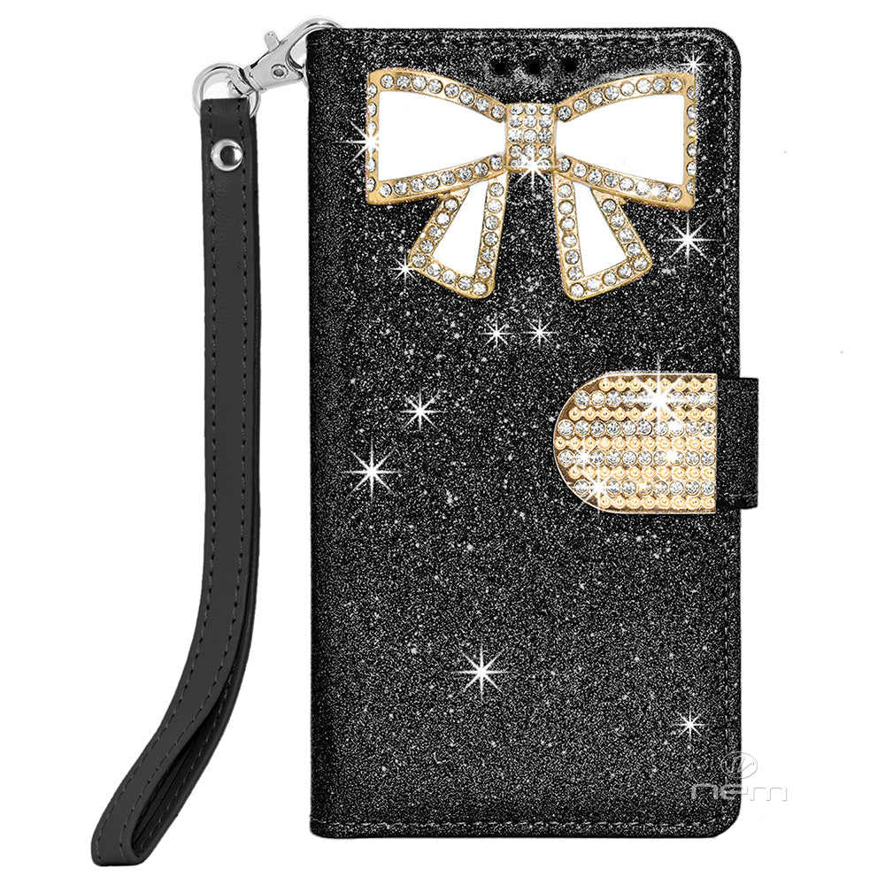 Samsung Galaxy S9 Diamond Bow Glitter Leather Wallet Case Cover Black Image 6