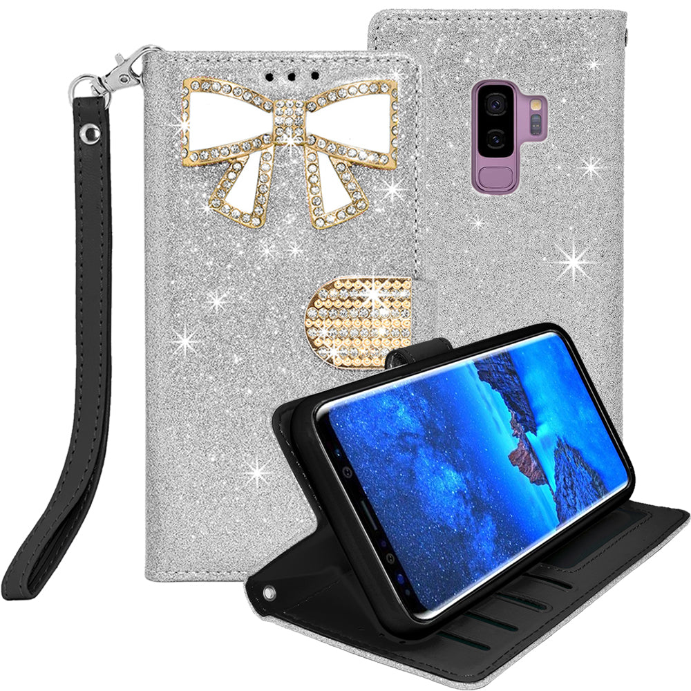 Samsung Galaxy S9 Plus Diamond Bow Glitter Leather Wallet Case Cover Black Image 1