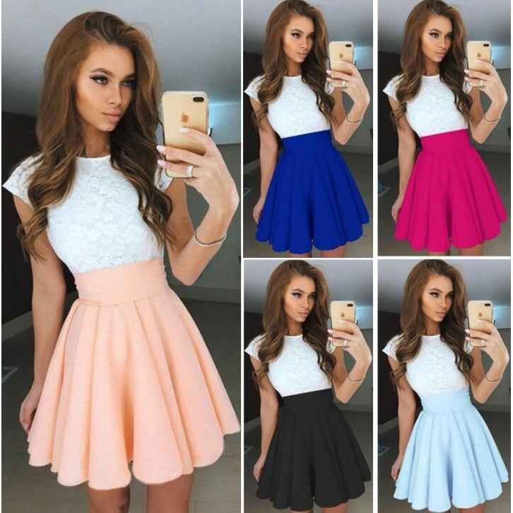 Womens Trendy Splicing High Waist Pleated Lace Mini A-line Dress Image 1