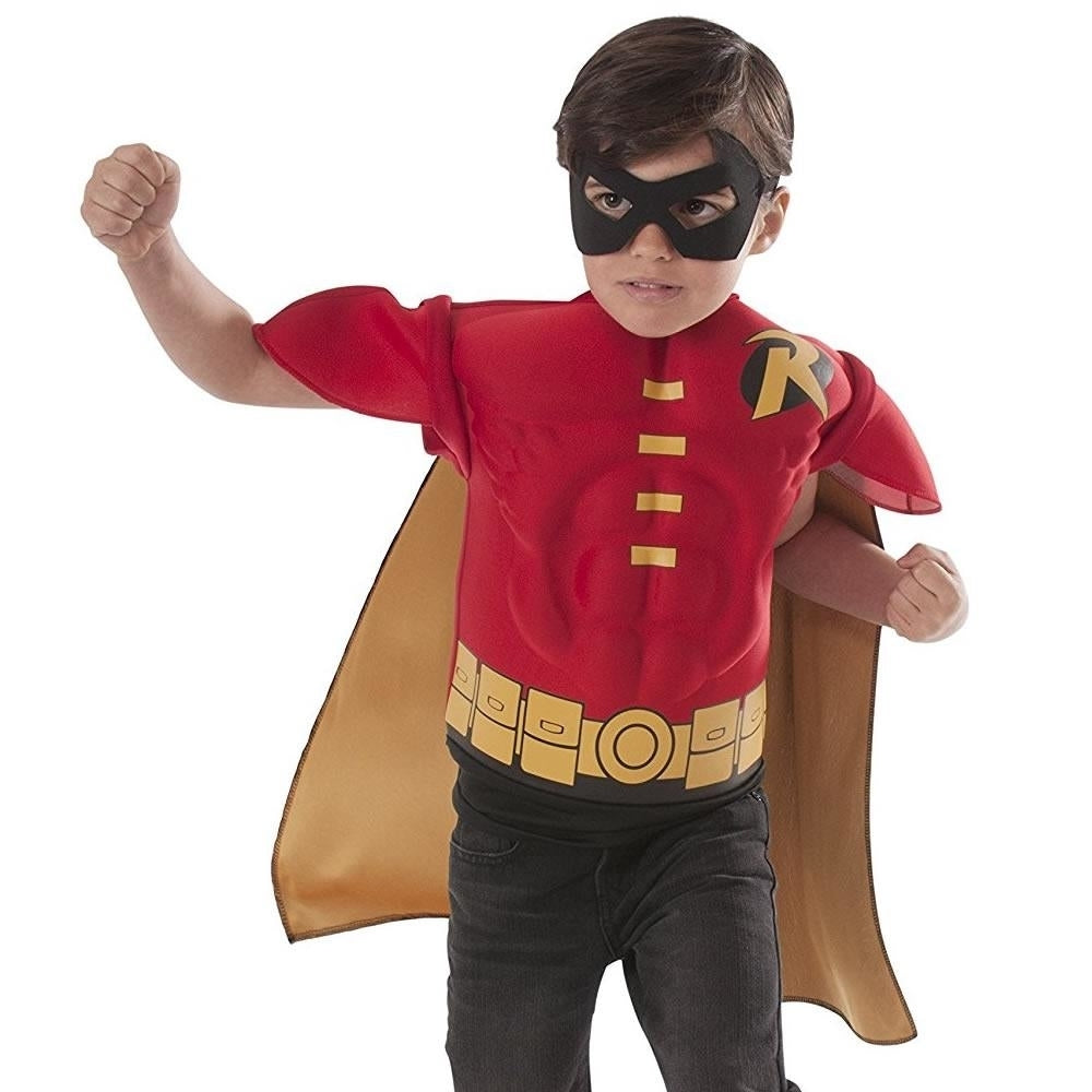 DC Comics Robin Muscle Chest Shirt Cape and Mask size S 4/6 Boys Costume Rubies Image 2
