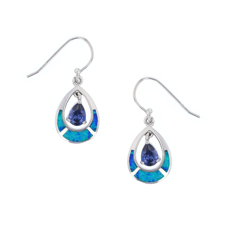 Sterling Silver Tear Drop Opal Earrings with Tanzanite CZ Image 1