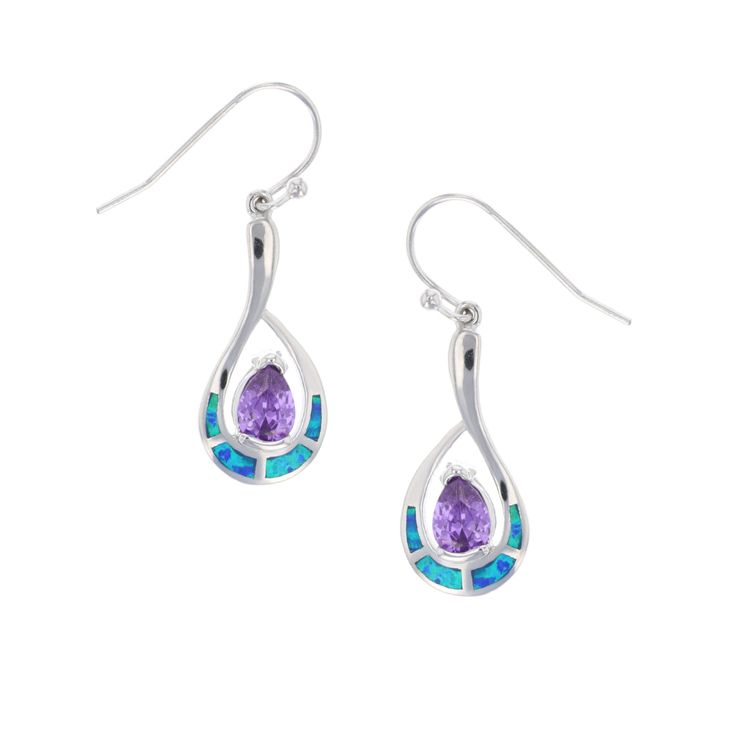 Sterling Silver Blue Opal With Amethyst CZ Pear Shape Wire Earring Image 1