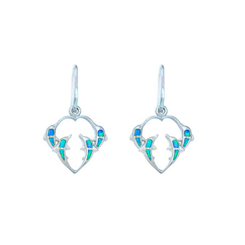 Sterling Silver Blue Opal Heart-Shaped Dolphins Wire Earring Image 1