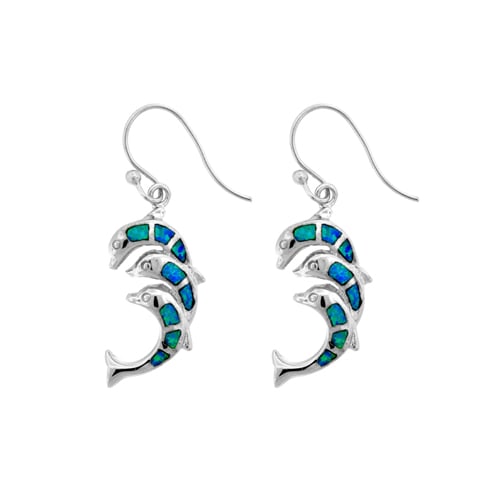 Sterling Silver Blue Opal Three Stack Dolphins Wire Earring Image 1