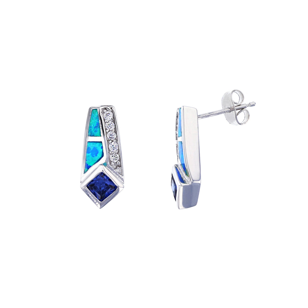 Sterling Silver Blue Opal Tanzanite CZ Tower Shape Post Earring Image 1