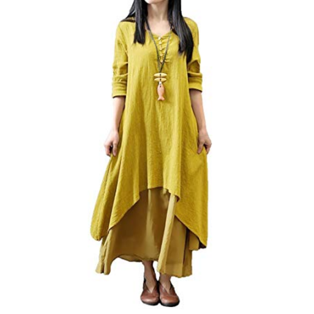 Women Boho Dress Casual Irregular Maxi Dresses Layered Vintage Loose Long Sleeve Line Dress,M-5XL Image 1