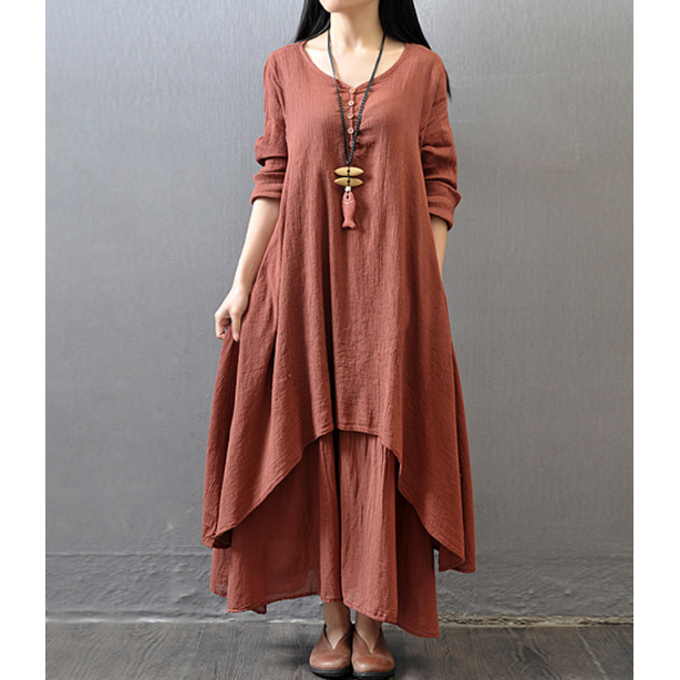 Women Boho Dress Casual Irregular Maxi Dresses Layered Vintage Loose Long Sleeve Line Dress,M-5XL Image 3