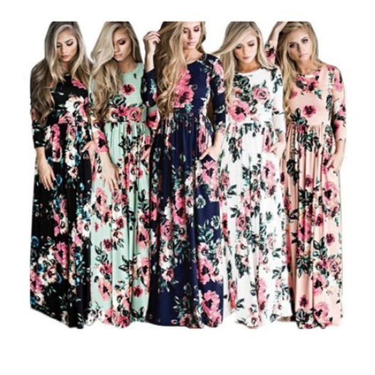 Womens Print Long Sleeve Casual Stretch Maxi Long Dress Image 1