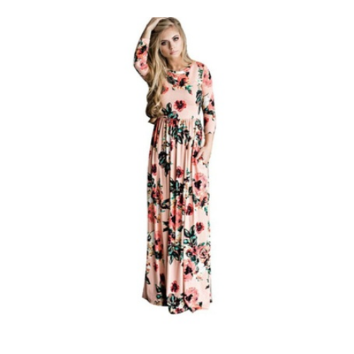 Womens Print Long Sleeve Casual Stretch Maxi Long Dress Image 1