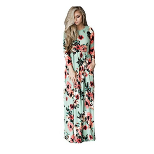 Womens Print Long Sleeve Casual Stretch Maxi Long Dress Image 1