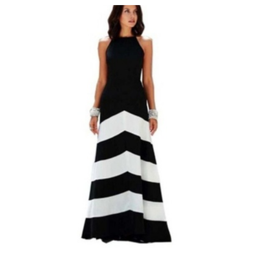 Women Black And White Striped Sleeveless Slim Fit Evening Dress Image 3