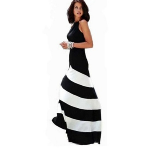 Women Black And White Striped Sleeveless Slim Fit Evening Dress Image 4