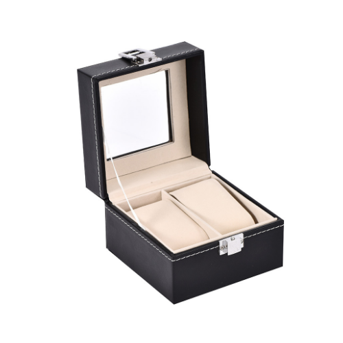 Watch Box Storage Organizer Display Case with Glass Top Black Bi-cast Leather Image 1