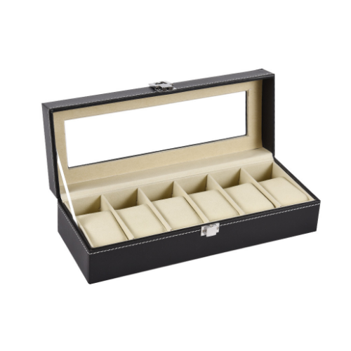 Watch Box Storage Organizer Display Case with Glass Top Black Bi-cast Leather Image 3