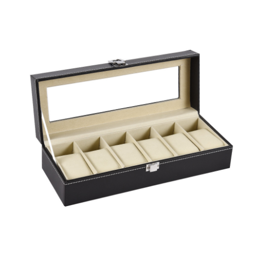 Watch Box Storage Organizer Display Case with Glass Top Black Bi-cast Leather Image 1