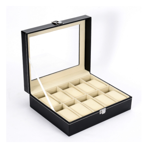 Watch Box Storage Organizer Display Case with Glass Top Black Bi-cast Leather Image 4