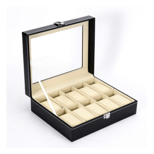 Watch Box Storage Organizer Display Case with Glass Top Black Bi-cast Leather Image 1