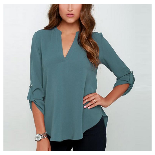 Stylish Female V-Neck Long-Sleeved Wrinkled Sleeves Loose Chiffon Image 4