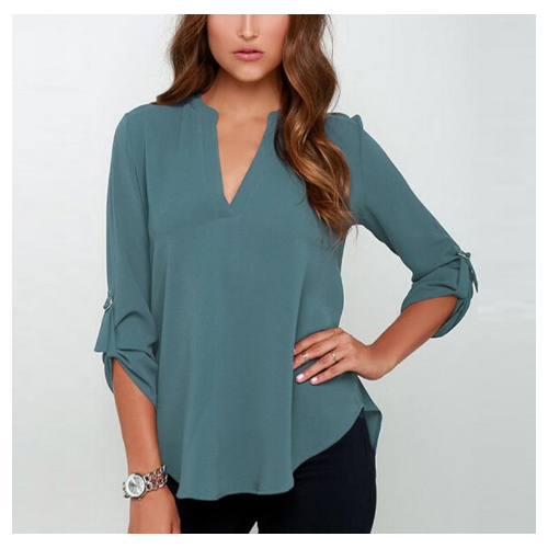 Stylish Female V-Neck Long-Sleeved Wrinkled Sleeves Loose Chiffon Image 1