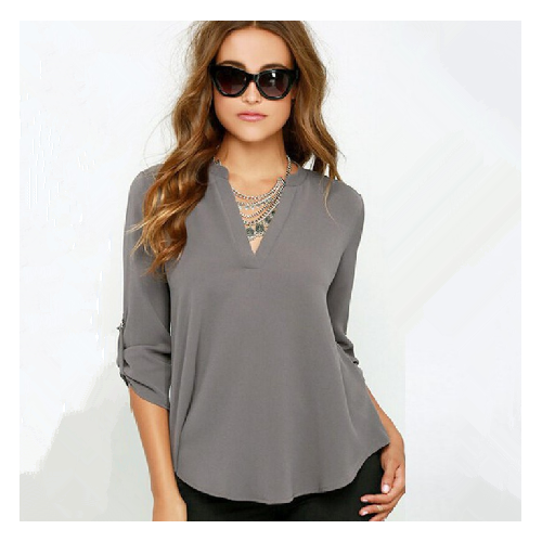 Stylish Female V-Neck Long-Sleeved Wrinkled Sleeves Loose Chiffon Image 3