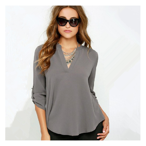 Stylish Female V-Neck Long-Sleeved Wrinkled Sleeves Loose Chiffon Image 1