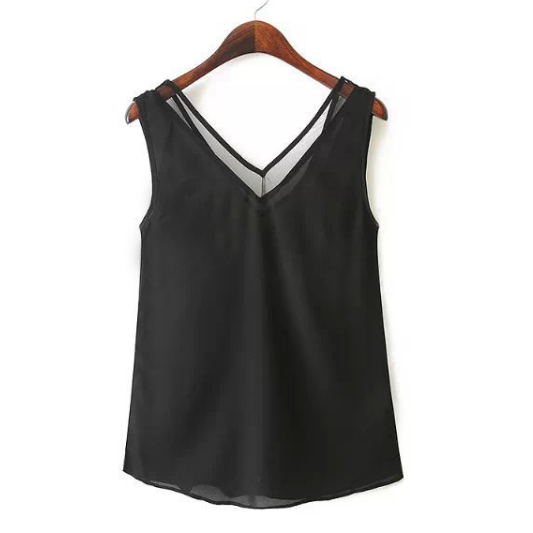 Solid Color V-neck Gauze Stitching Vest T-shirt Chiffon Shirt Female Image 4