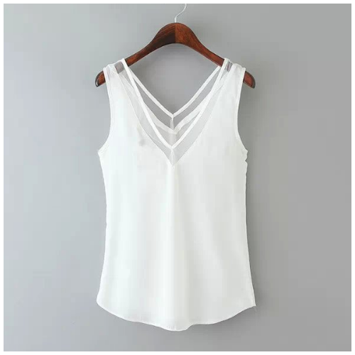 Solid Color V-neck Gauze Stitching Vest T-shirt Chiffon Shirt Female Image 2