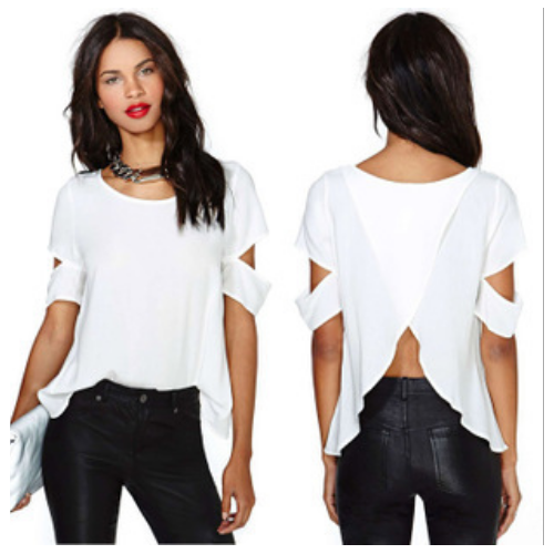 Women On The Back Cross-cut Strapless Short Sleeves Women Blouse Chiffon Shirt Image 1