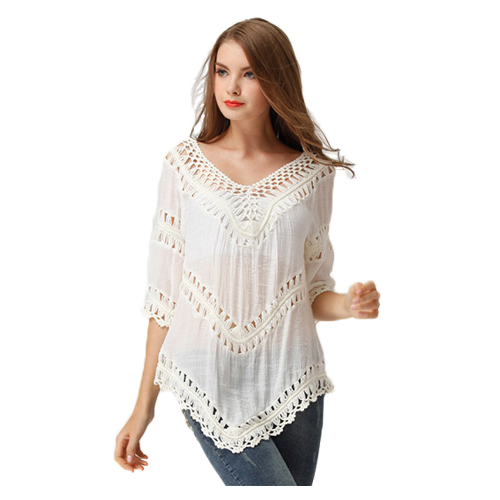 Vintage Shirts Hollow Out Women Tops And Blouse Casual Beach Image 1