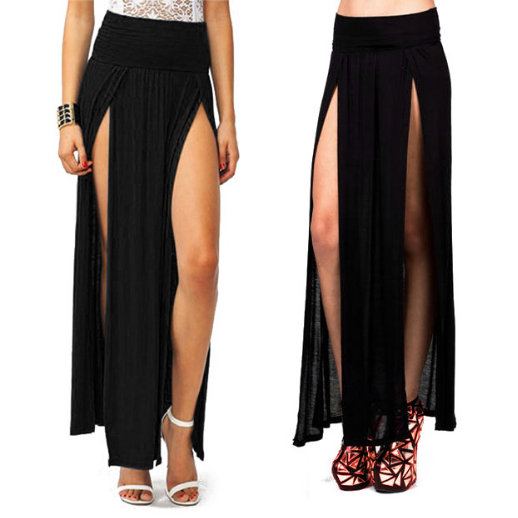Women Cotton Blend Sexy Trends Double Slits Open Rayon Knit Long Maxi Skirt Image 1