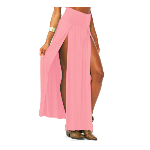 Women Cotton Blend Sexy Trends Double Slits Open Rayon Knit Long Maxi Skirt Image 3