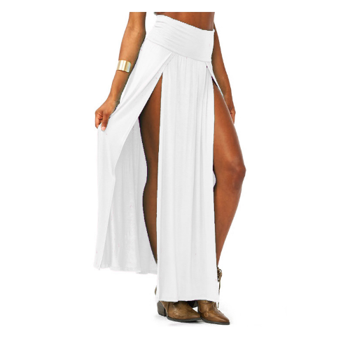 Women Cotton Blend Sexy Trends Double Slits Open Rayon Knit Long Maxi Skirt Image 2