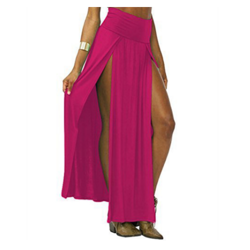 Women Cotton Blend Sexy Trends Double Slits Open Rayon Knit Long Maxi Skirt Image 1
