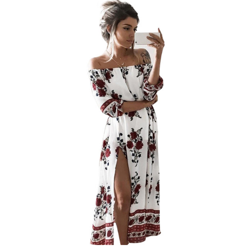 Beach Dress Print Slash Neck Off Shoulder Casual Long Maxi Retro Split Image 1