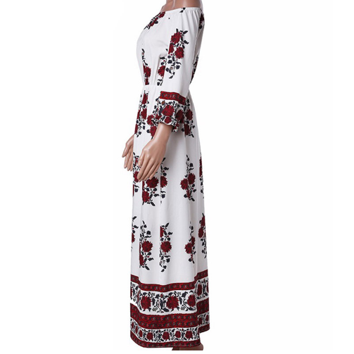 Beach Dress Print Slash Neck Off Shoulder Casual Long Maxi Retro Split Image 2