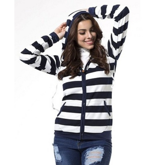 Large Size Long Sleeve Striped Sweater With Hood Image 1