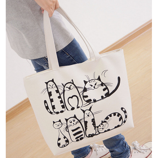 Cartoon Cats Printed Canvas Handbag Shopping Tote Shoulder Bag Image 2