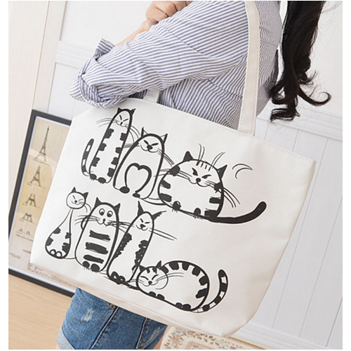 Cartoon Cats Printed Canvas Handbag Shopping Tote Shoulder Bag Image 3