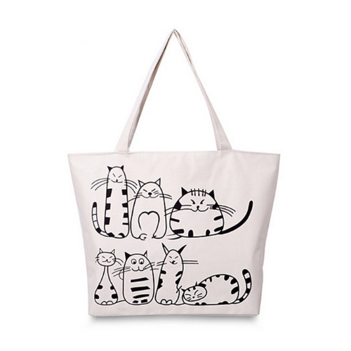 Cartoon Cats Printed Canvas Handbag Shopping Tote Shoulder Bag Image 4