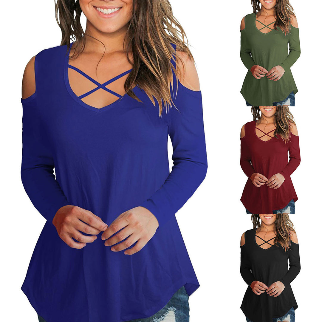 Cold Shoulder Criss-Cross Long Sleeve TopMultiple Colors Image 1