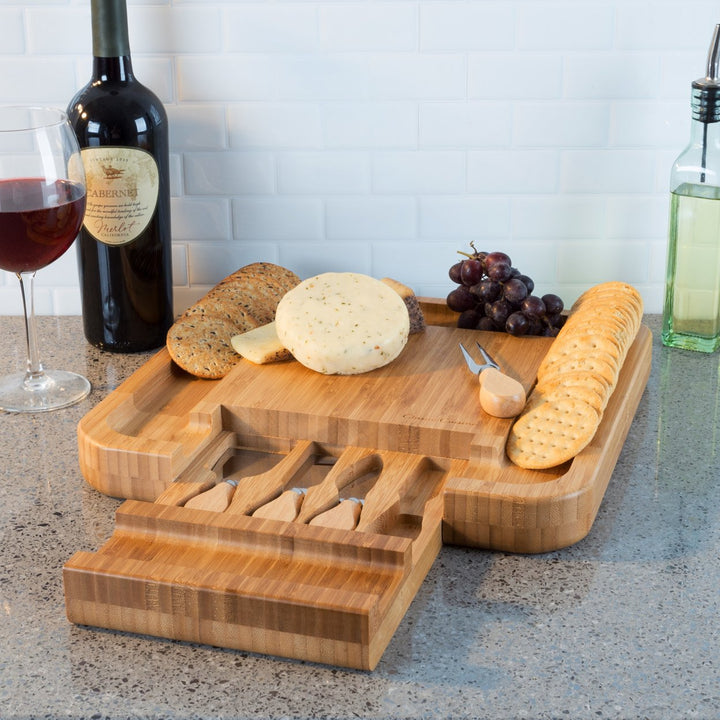 Bamboo Cheese Serving Tray with 4 Piece Stainless Steel Utensil Set Storage Drawer Image 1