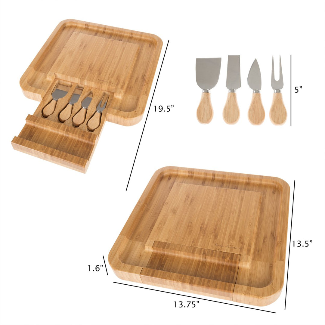 Bamboo Cheese Serving Tray with 4 Piece Stainless Steel Utensil Set Storage Drawer Image 2