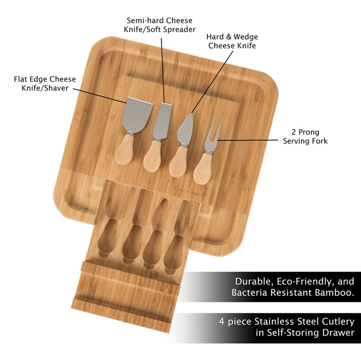 Bamboo Cheese Serving Tray with 4 Piece Stainless Steel Utensil Set Storage Drawer Image 3