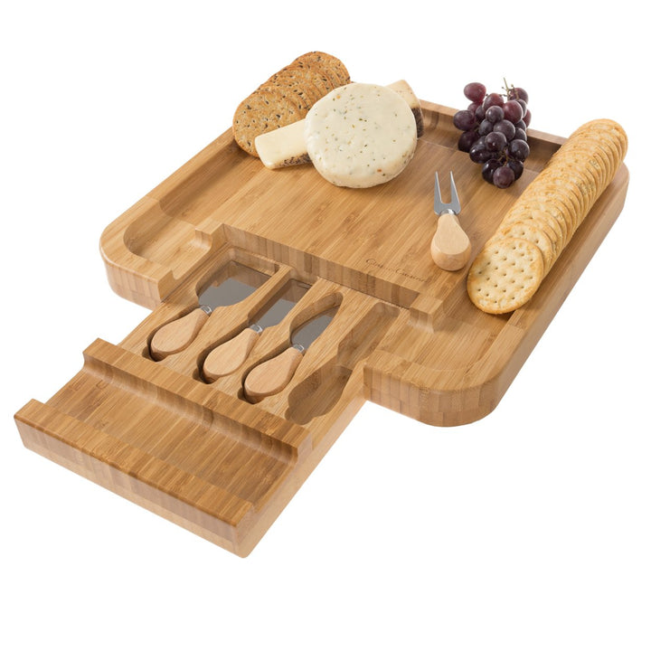 Bamboo Cheese Serving Tray with 4 Piece Stainless Steel Utensil Set Storage Drawer Image 4